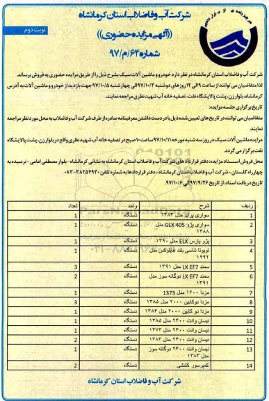 مزایده , مزایده خودرو و ماشین آلات سبک نوبت دوم 