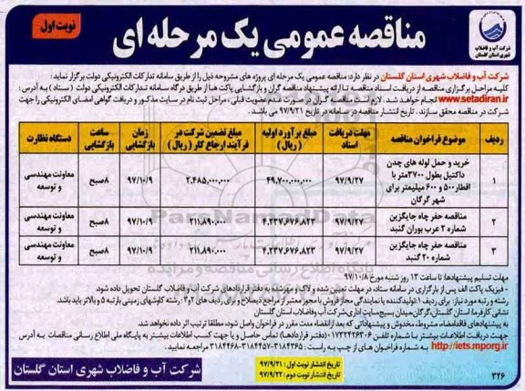 مناقصه عمومی یک مرحله ای,مناقصه خرید و حمل لوله های چدن داکتیل