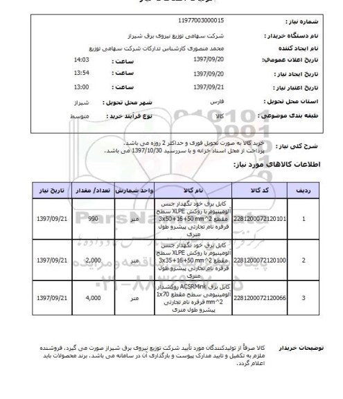 استعلام, استعلام کابل برق خودنگهدار