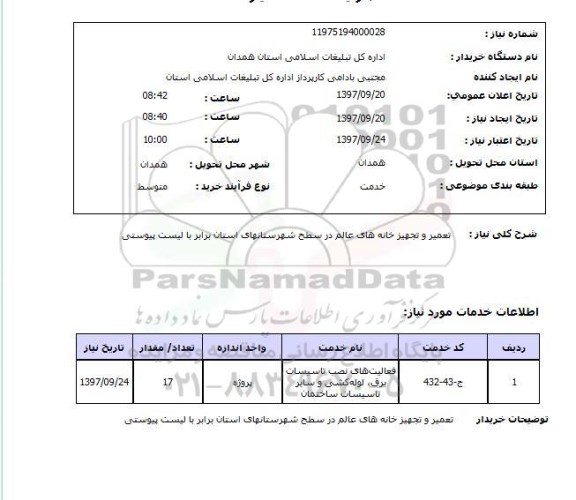 استعلام,استعلام تعمیر و تجهیز خانه های عالم در سطح شهرستان های استان 