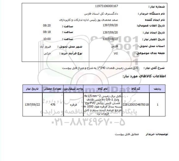 استعلام, استعلام کابل مسی زمینی...