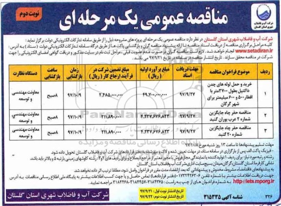 مناقصه عمومی یک مرحله ای, مناقصه خرید و حمل لوله های چدن داکتیل - نوبت دوم 