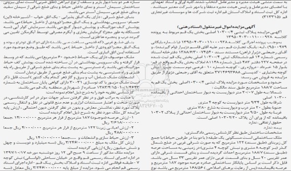 مزایده مزایده پلاک ثبتی 10300.4 مساحت 188/7 مترمربع 