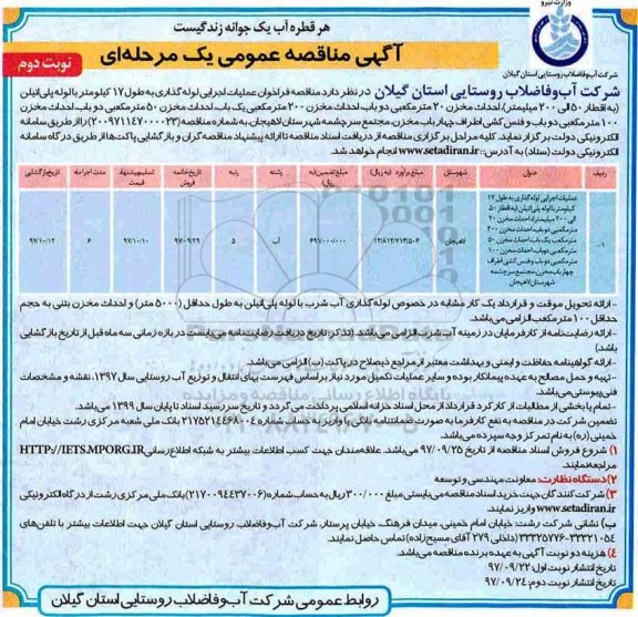 مناقصه , مناقصه  عملیات اجرایی لوله گذاری ...نوبت دوم