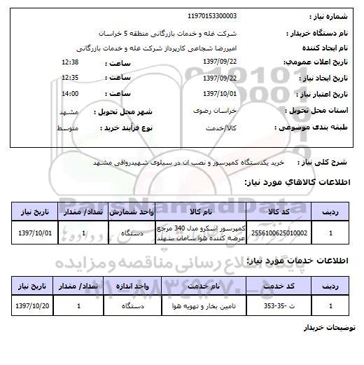 استعلام,استعلام خرید یک دستگاه کمپرسور و نصب 