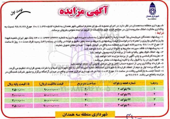 مزایده ،مزایده واگذاری املاک شماره 48 بلوک 2 نوبت اول