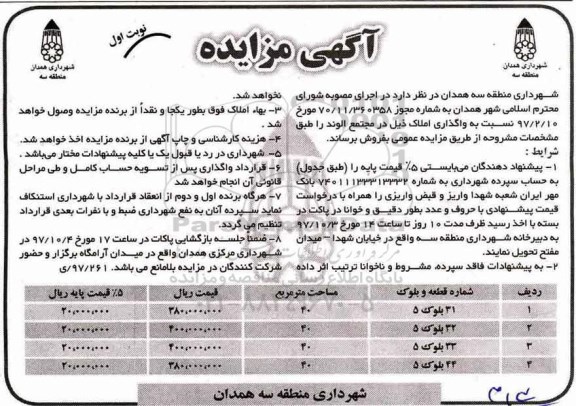 مزایده ،مزایده واگذاری املاک نوبت اول