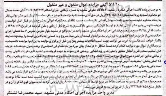 مزایده, مزایده زمین به میزان 1098 سهم به مساحت 1089 مترمربع