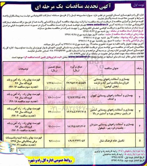 تجدید مناقصه , مناقصه بهسازی و آسفالت راه روستایی ...تجدید 