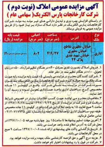 مزایده, مزایده املاک به مساحت 419.27 مترمربع نوبت دوم 