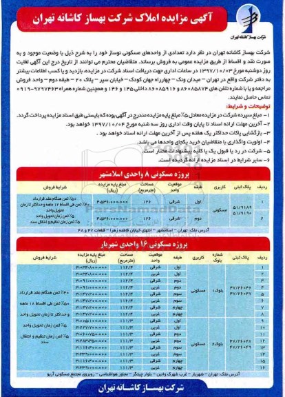 مزایده ،  مزایده فروش تعدادی از واحدهای مسکونی نوساز 
