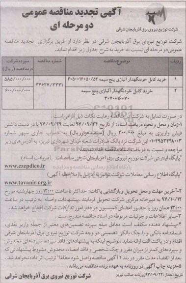 مناقصه ,تجدید مناقصه خرید کابل خودنگهدار 
