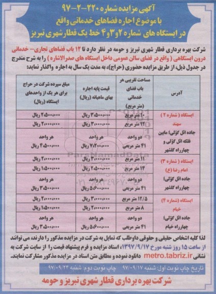 مزایده حضوری واگذاری 12 باب فضاهای تجاری خدماتی درون ایستگاهی 