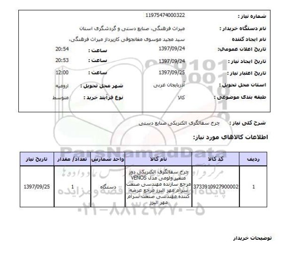 استعلام, چرخ سفالگری الکتریکی صنایع دستی