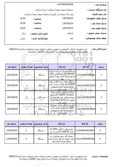 استعلام, استعلام خرید تجهیزات اداری - گرمایشی