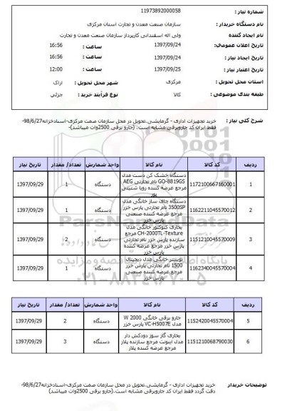 استعلام, استعلام خرید تجهیزات اداری - گرمایشی