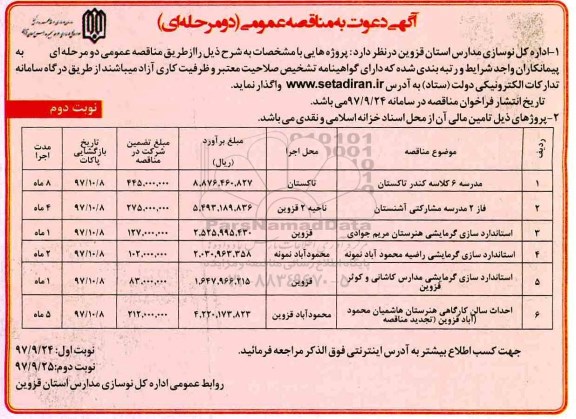 آگهی دعوت به مناقصه عمومی دو مرحله ای ,مناقصه مدرسه 6 کلاسه و ... نوبت دوم 