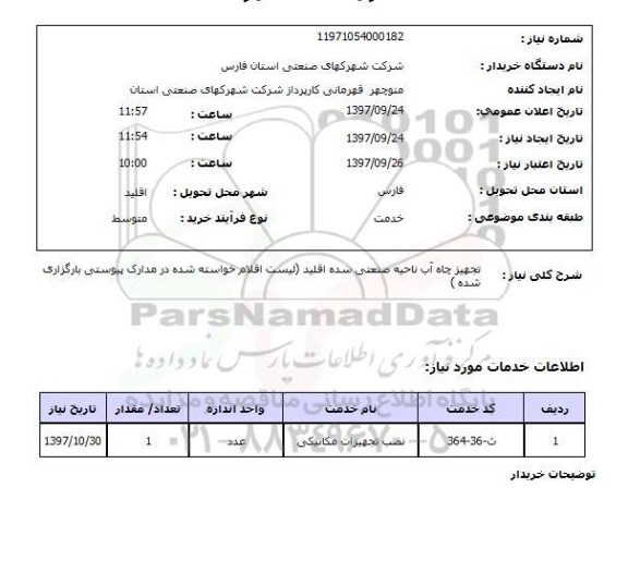 استعلام,استعلام تجهیز چاه آب ناحیه صنعتی