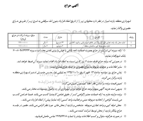 مزایده ، مزایده اجاره محل یک واحد تجاری ، اجاره محل غرفه 