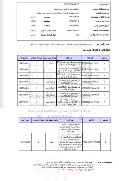 استعلام, استعلام خرید تایر همراه با نوار و تیوپ جهت خودرو...