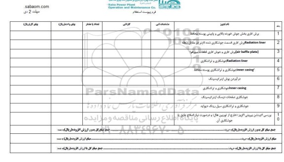 استعلام, استعلام برشکاری بخش جوش خورده و ...