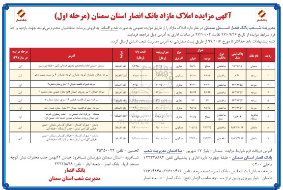 مزایده ، مزایده فروش املاک مازاد کاربری تجاری و مسکونی مرحله اول