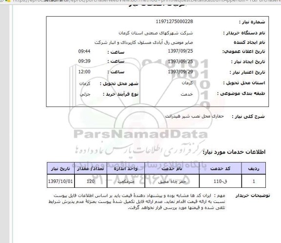 استعلام, استعلام حفاری محل نصب شیر هیدرانت 
