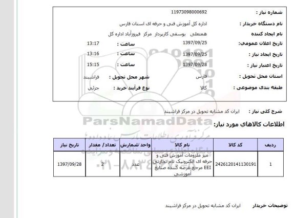 استعلام, میز ملزومات آموزش فنی و حرفه ای الکترونیک 
