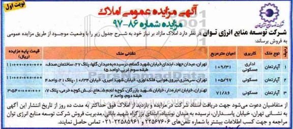 مزایده ،مزایده فروش املاک مازاد کاربری مسکونی شماره 97-86 نوبت اوب