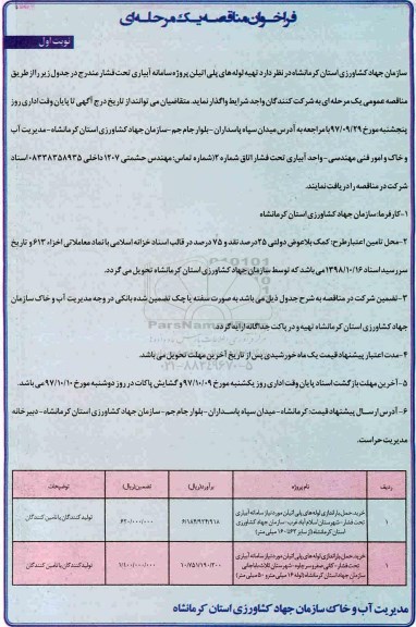 فراخوان مناقصه, مناقصه تهیه لوله های پلی اتیلن 