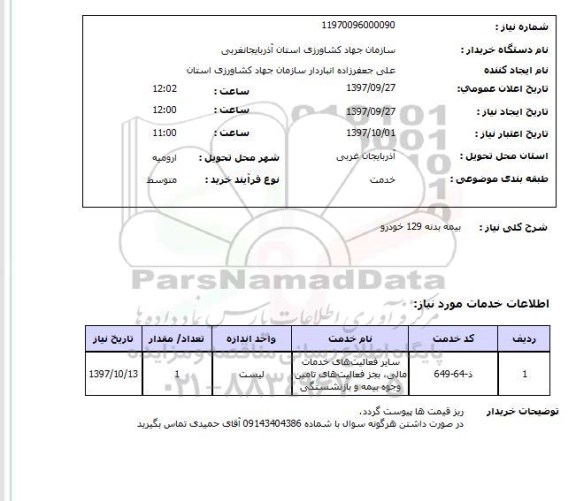 استعلام,استعلام بیمه بدنه 129 خودرو