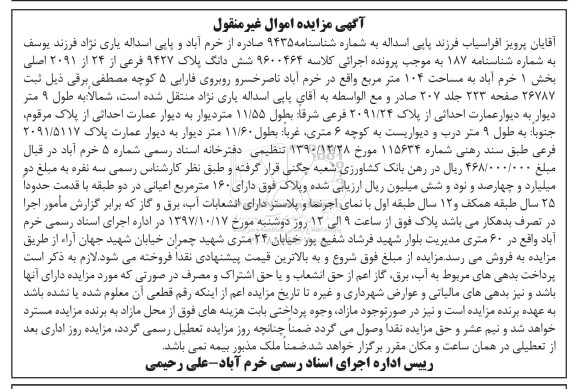 مزایده مزایده ششدانگ پلاک 9427 فرعی از 24 