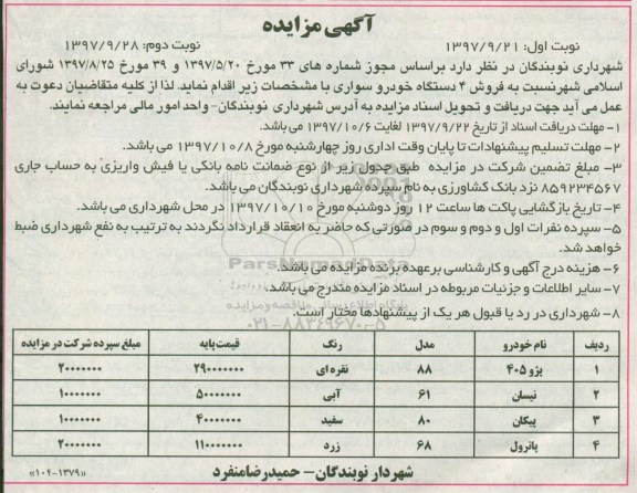 مزایده , مزایده فروش 4 دستگاه خودرو سواری  - نوبت دوم 