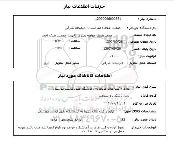 استعلام, استعلام لوازم و کیت های مربوط به آزمایشگاه  ..