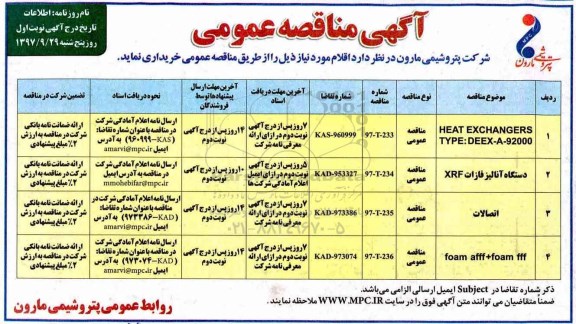آگهی مناقصه عمومی, مناقصه HEAT EXCHANGERS