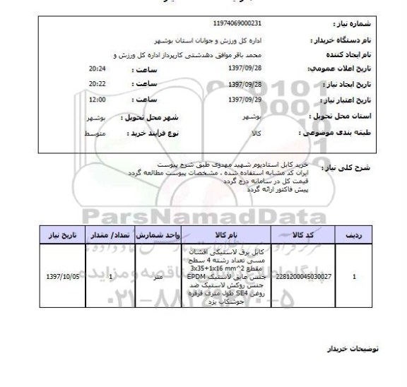 استعلام خرید کابل