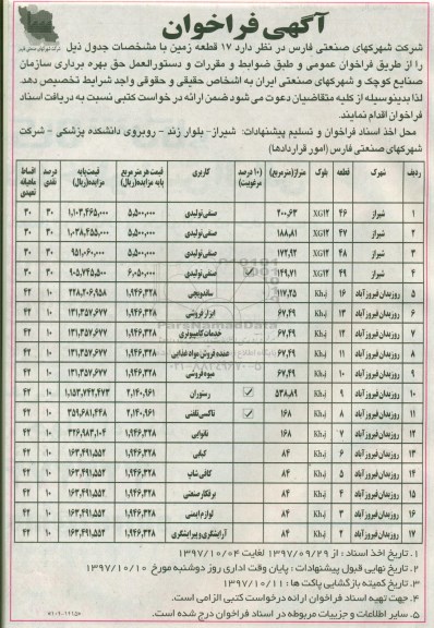 آگهی فراخوان , فراخوان 17 قطعه زمین