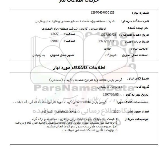 استعلام, استعلام گریس پارس ماهان 