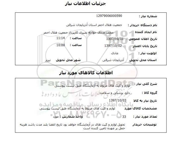 استعلام, استعلام لوازم و کیت های مربوط به آزمایشگاه 
