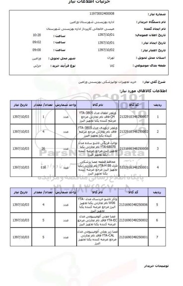 استعلام,خرید تجهیزات توانپزشکی