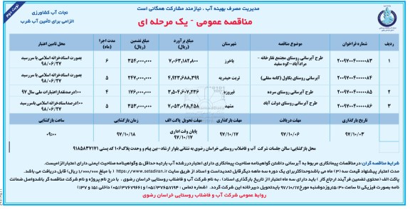 مناقصه, مناقصه طرح آبرسانی ... نوبت دوم