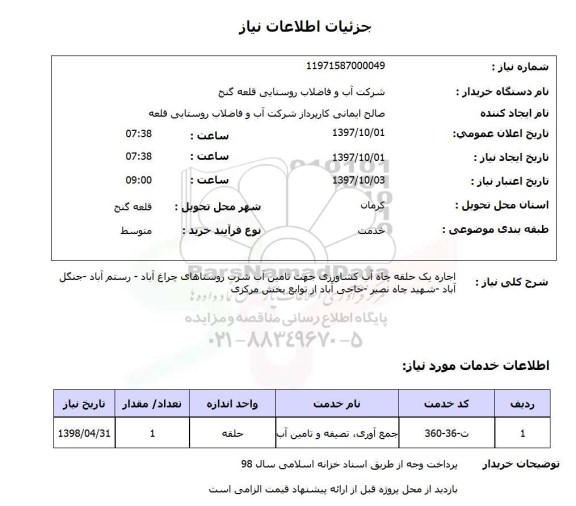 استعلام, استعلام  اجاره یک حلقه چاه آب کشاورزی ...