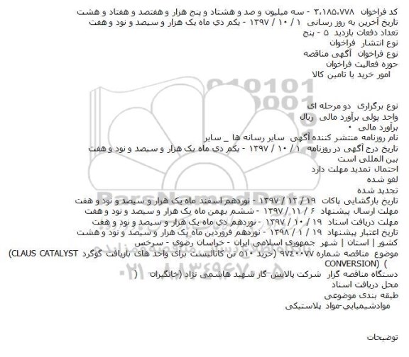 مناقصه,مناقصه خرید ٥١٠ تن كاتالیست 