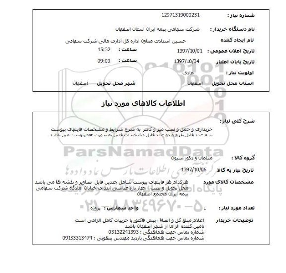 استعلام, خریداری و حمل و نصب میز و کانتر 