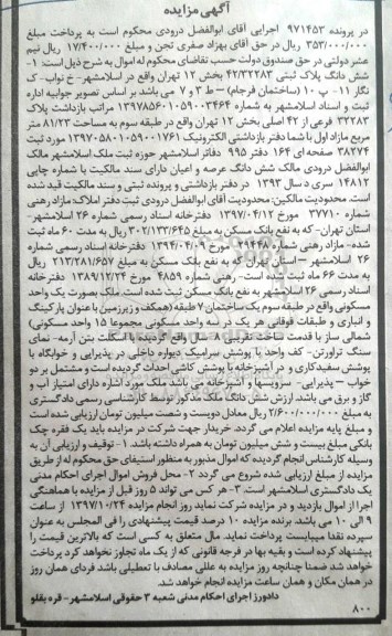 مزایده،مزایده ششدانگ پلاک ثبتی مساحت 81.23 مترمربع