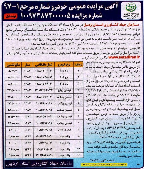 مزایده, مزایده فروش تعداد 14 دستگاه خودرو
