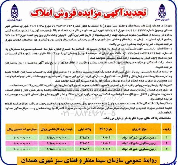 مزایده,مزایده فروش 3 پلاک زمین مسکونی  شهرک الوند 