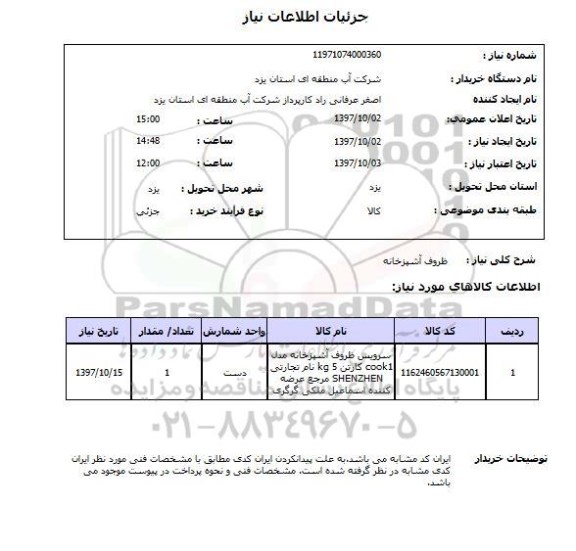 استعلام, ظروف آشپزخانه