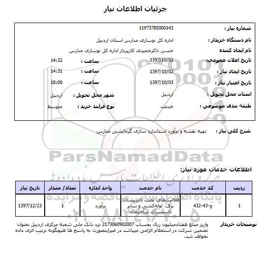 استعلام, استعلام تهیه نقشه و براورد استاندارد سازی گرمایشی...