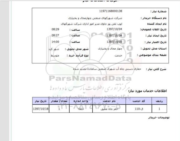 استعلام, حفاری دستی چاه آب شهرک صنعتی